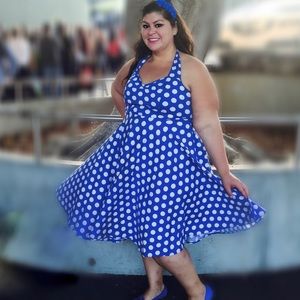 Hell Bunny Blue Halter Full Swing Dress w/Polka Dots Retro Rockabilly